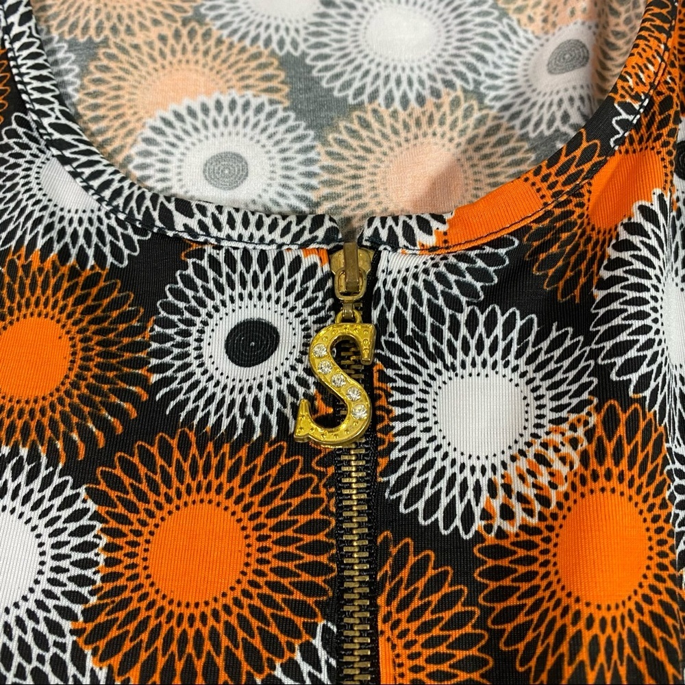 Jumper Jumpsuit Front Zip Elastic Waist Orange Gray circle Print Short Sleeve - Picture 5 of 13